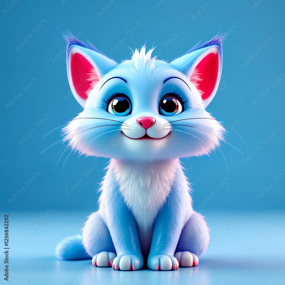 Cute cheerful illustration of a happy cartoon cat in pastel blue color with pink, white, and light blue background, plastic shiny style Cute cheerful illustration of a happy cartoon cat in pastel blue color with pink, white, and light blue background, plastic shiny style