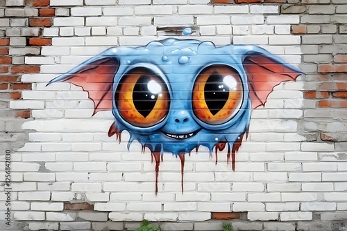 Vibrant street art in urban setting blue creature mural on brick wall