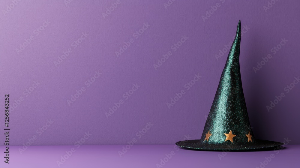 Fototapeta premium Sparkly green witch hat with gold stars on a purple background.