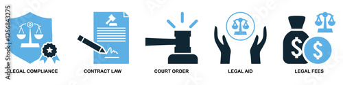 set of law and justice icon vector, featuring scales of justice, a gavel, courthouse for law firms, judiciary, legal services, and regulations