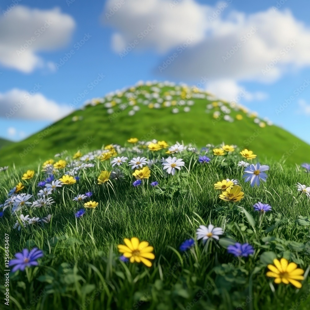 Vibrant Wildflowers Blooming Over Rolling Green Hills Under Blue Sky Vibrant Wildflowers Blooming Over Rolling Green Hills Under Blue Sky
