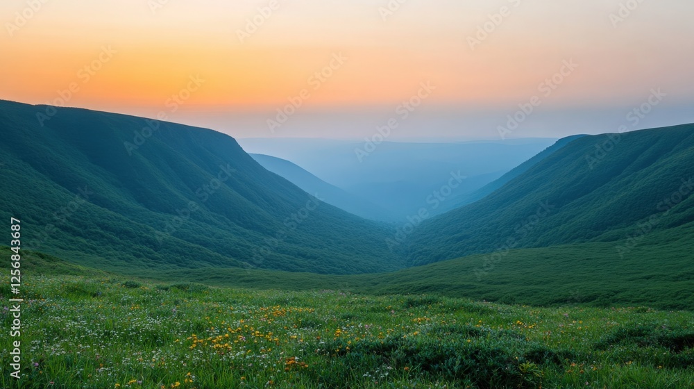 Fototapeta premium Breathtaking Valley View at Dawn with Vibrant Flora