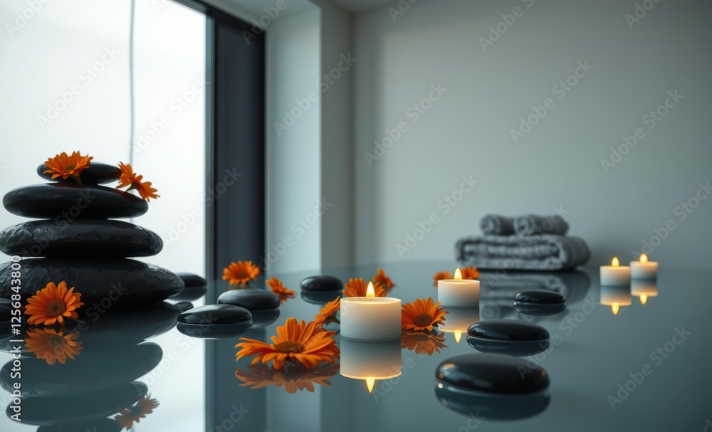 Serene spa still life: black stones orange daisies candles towels water photography architecture photographyarchitecture city building urban design exterior background tourism