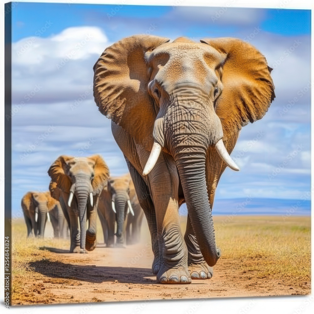Fototapeta premium African Elephants Walking Through Savanna Under Blue Sky