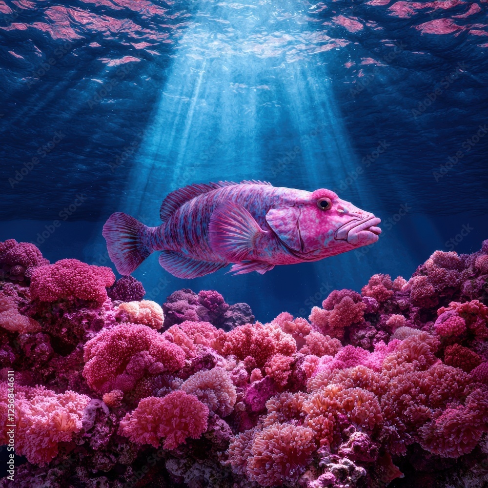 Obraz premium A pink fish swims over a coral reef in clear blue water.