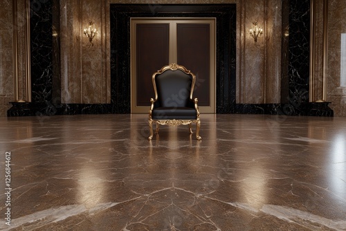 Ornate golden throne in a luxurious room. photo