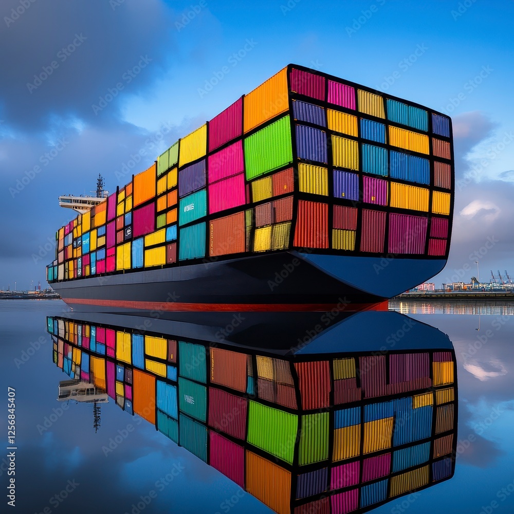 Fototapeta premium Colorful Container Ship at Dock with Reflection in Calm Water