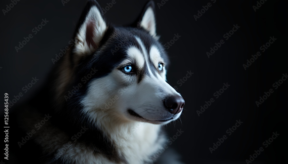 Huskies Portrait of a Young Siberian Dog in plastic-style shiny plastic style on black background. This close- of shot a portrait shows a young dog, the dog is captured in the moment in a dark Huskies Portrait of a Young Siberian Dog in plastic-style shiny plastic style on black background. This close- of shot a portrait shows a young dog, the dog is captured in the moment in a dark