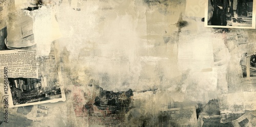 Collage of newspaper clippings and paint strokes creating textured background