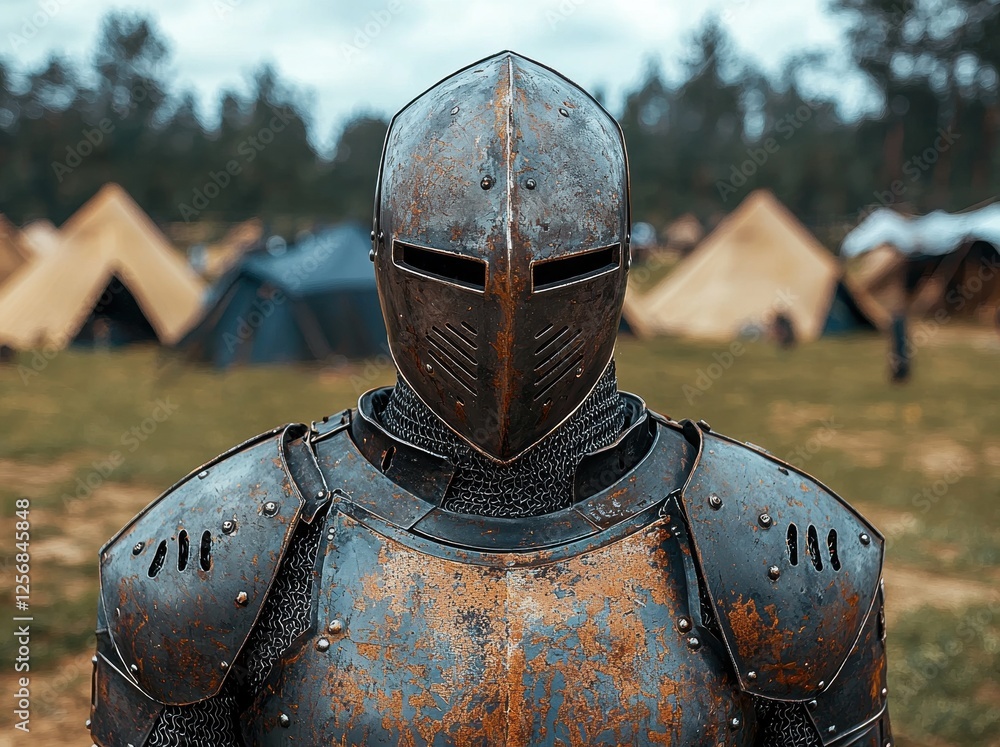 A medieval knight stands in armor at a historical reenactment. A medieval knight stands in armor at a historical reenactment.