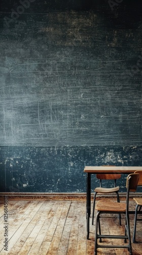 Empty classroom, old desk, chairs, chalkboard wall, education background photo