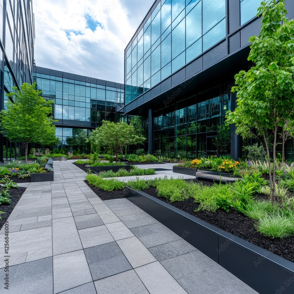 Modern Urban Garden Pathway in a Business District Landscape Modern Urban Garden Pathway in a Business District Landscape