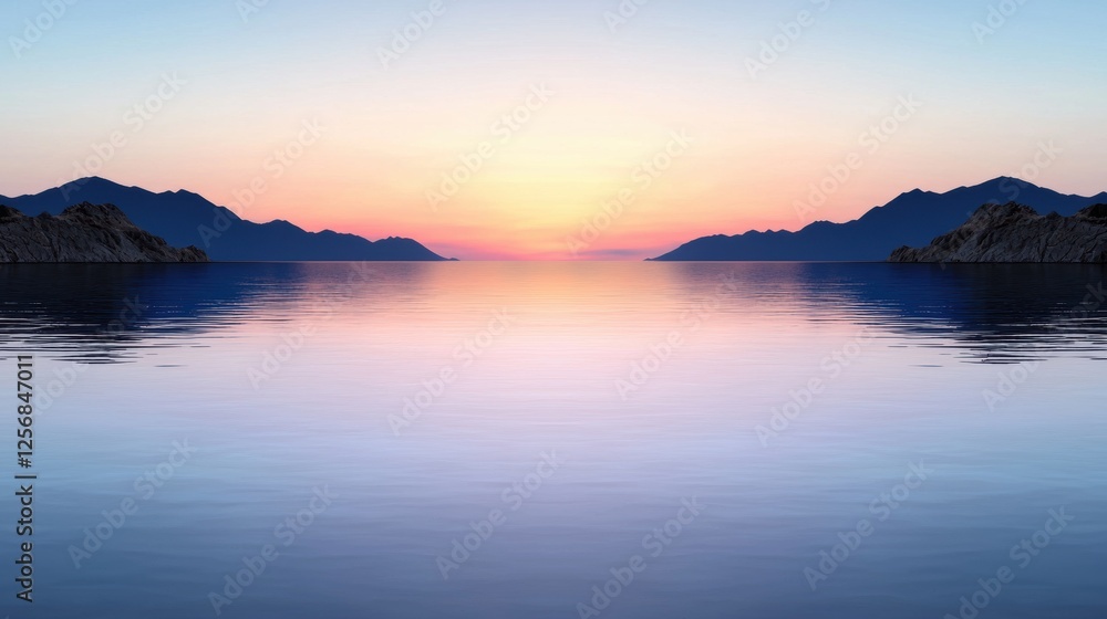 A serene sunset over a calm lake surrounded by mountains. A serene sunset over a calm lake surrounded by mountains.