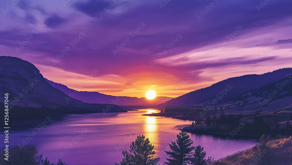 Majestic Sunset Over Serene Lake and Mountains: Breathtaking Landscape with Vibrant Colors and Tranquil Atmosphere Majestic Sunset Over Serene Lake and Mountains: Breathtaking Landscape with Vibrant Colors and Tranquil Atmosphere