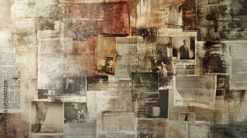 Vintage collage shows old newspapers articles and sepia toned photos