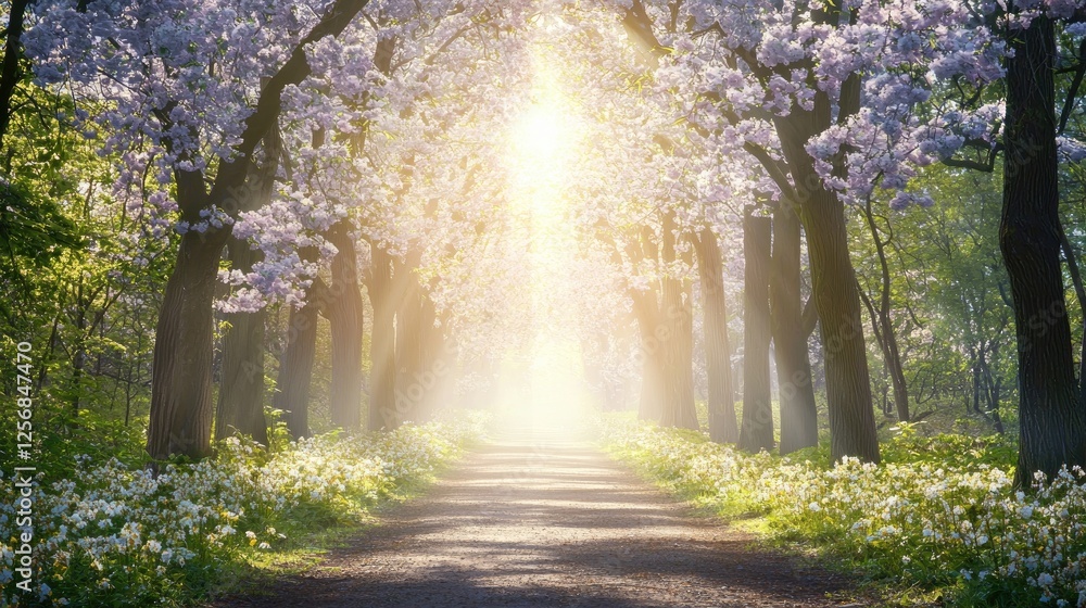 Fototapeta premium Sunlit path through blooming trees