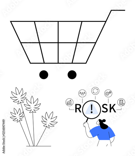 Large shopping cart, cannabis leaves, person analyzing risk factors. Ideal for retail strategy, cannabis regulation, risk assessment, consumer behavior, business planning, compliance abstract line