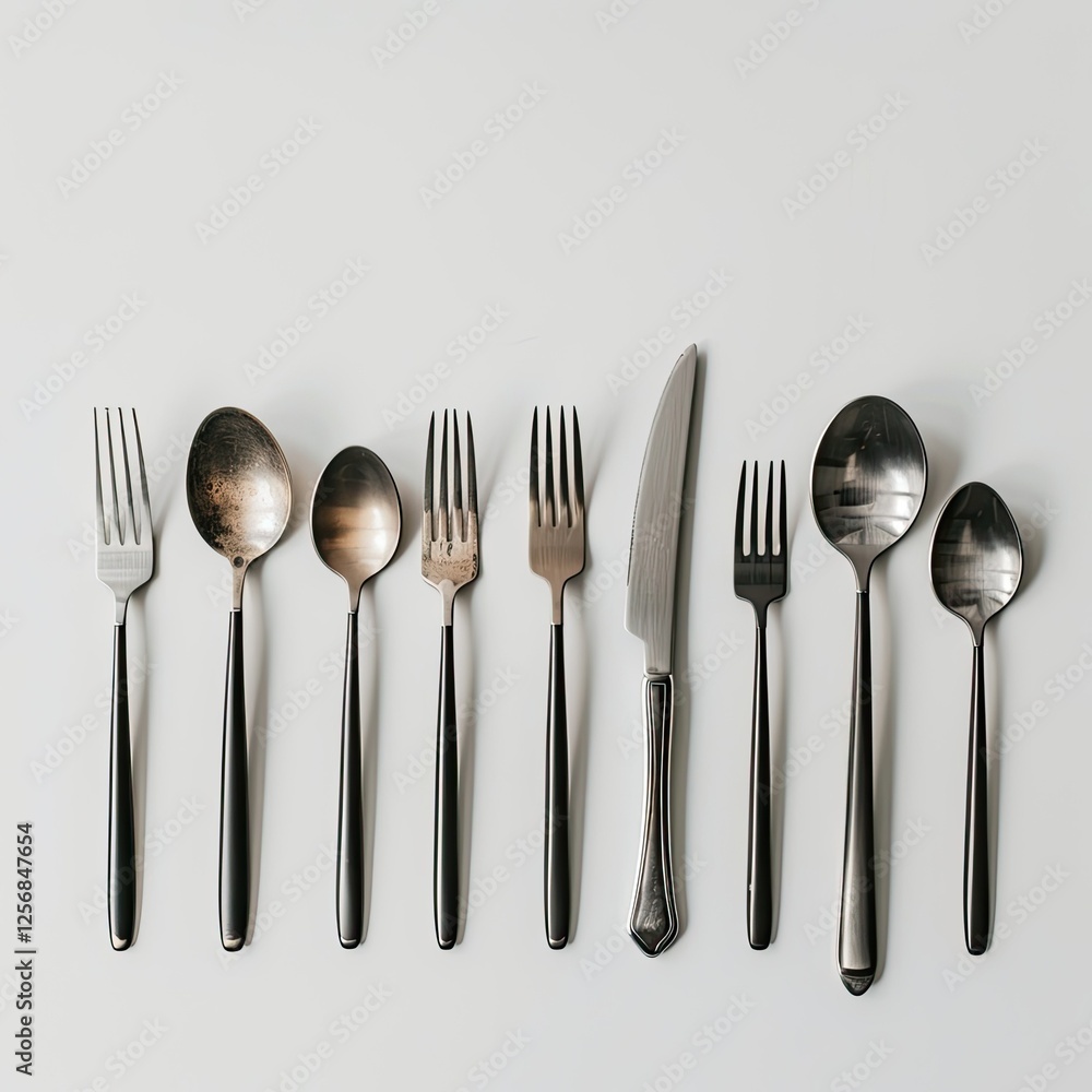 A collection of various utensils arranged neatly on a surface. isolated on white background A collection of various utensils arranged neatly on a surface. isolated on white background
