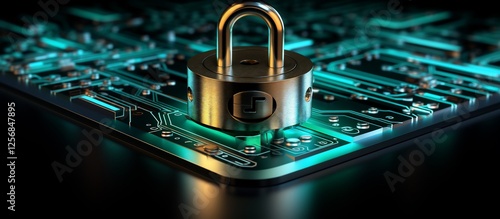 Close-up of a metallic padlock on a glowing circuit board, symbolizing cybersecurity and technology photo