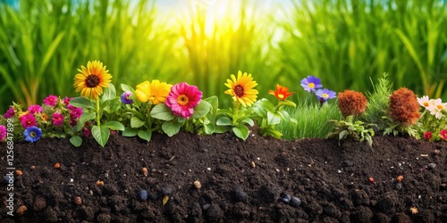 Fototapeta Naklejka Na Ścianę i Meble -  Biochar covered soil with lush green grass and vibrant flowers , agriculture, organic farming