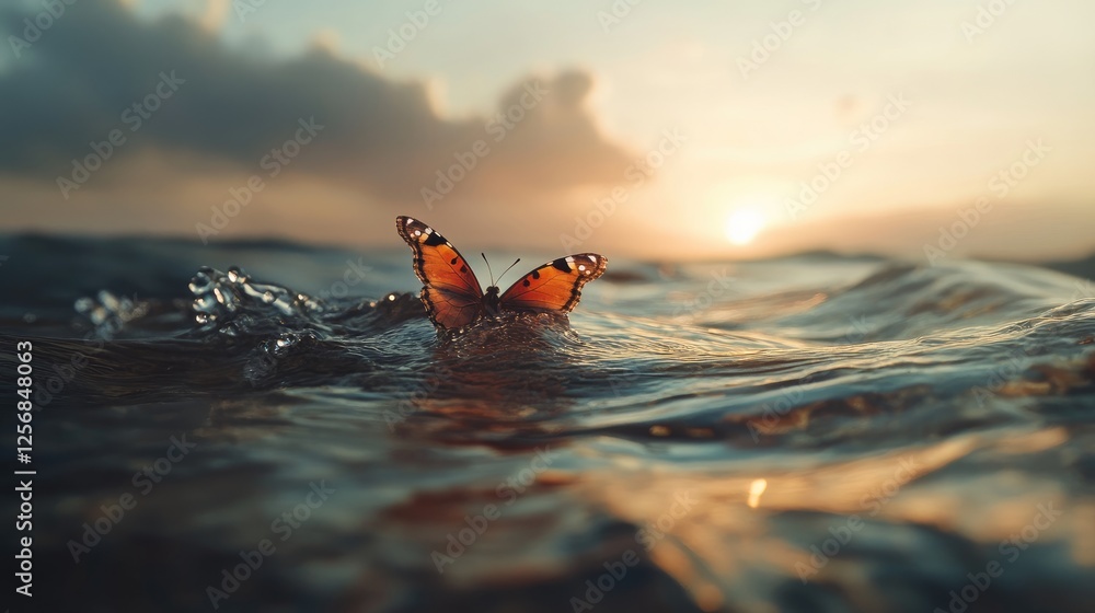 Fototapeta premium Butterfly on Water at Sunset Golden Hour