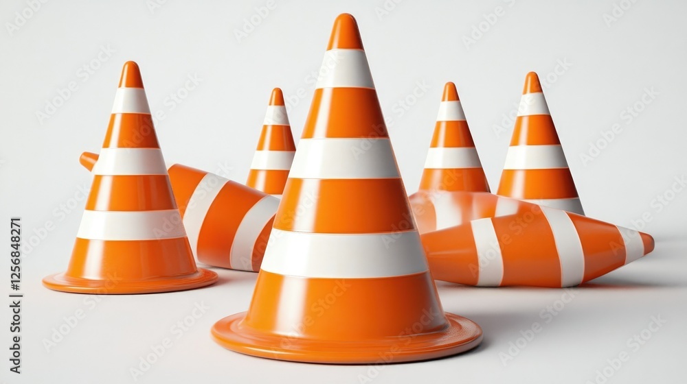 Orange and white traffic cones scattered on a white background Orange and white traffic cones scattered on a white background