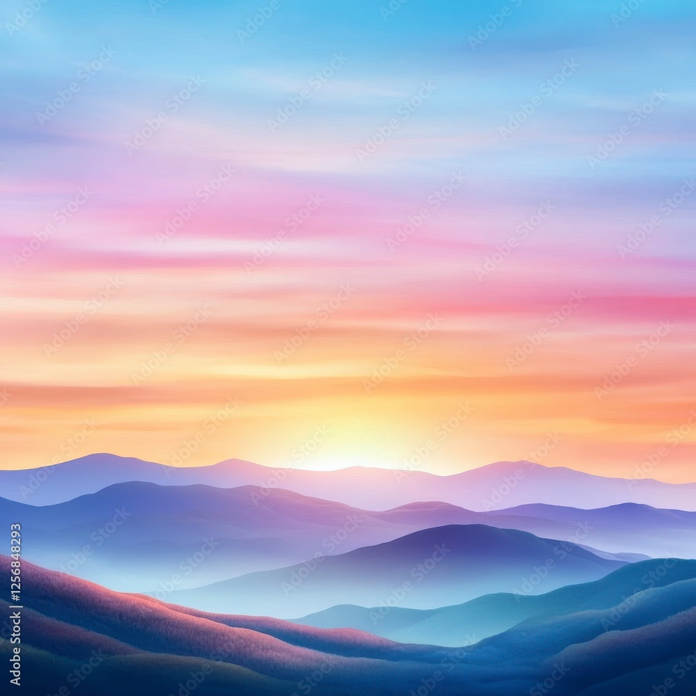 Serene Dawn Over Gentle Mountains with Soft Colorful Skies Serene Dawn Over Gentle Mountains with Soft Colorful Skies