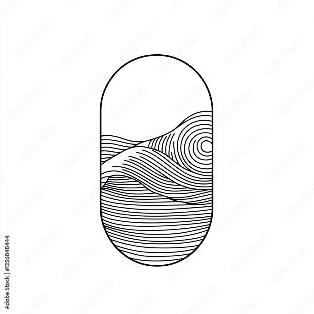 Abstract Line Art Depicting Ocean Waves in Oval Frame Abstract Line Art Depicting Ocean Waves in Oval Frame