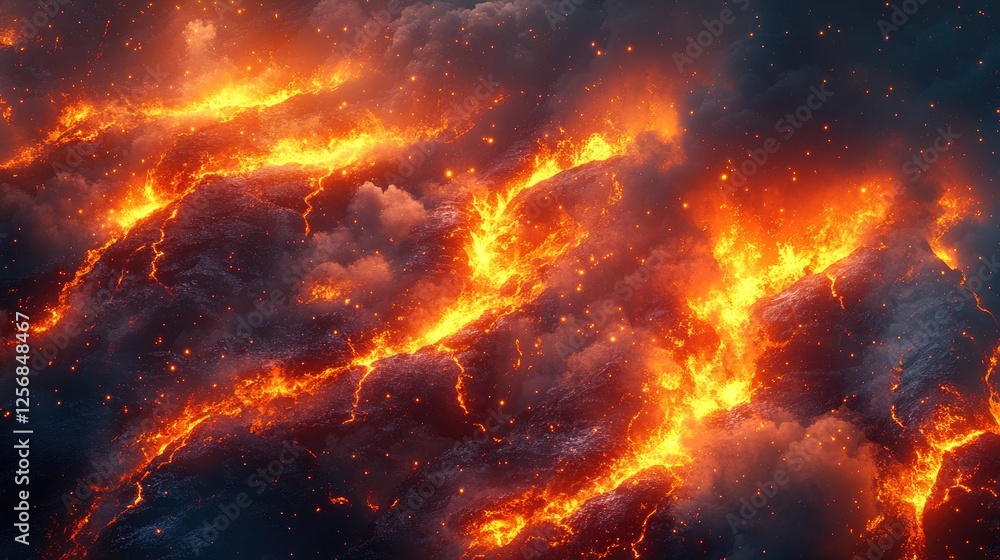 Fiery lava flows intertwine with dark clouds, creating a dramatic volcanic landscape at dusk Fiery lava flows intertwine with dark clouds, creating a dramatic volcanic landscape at dusk