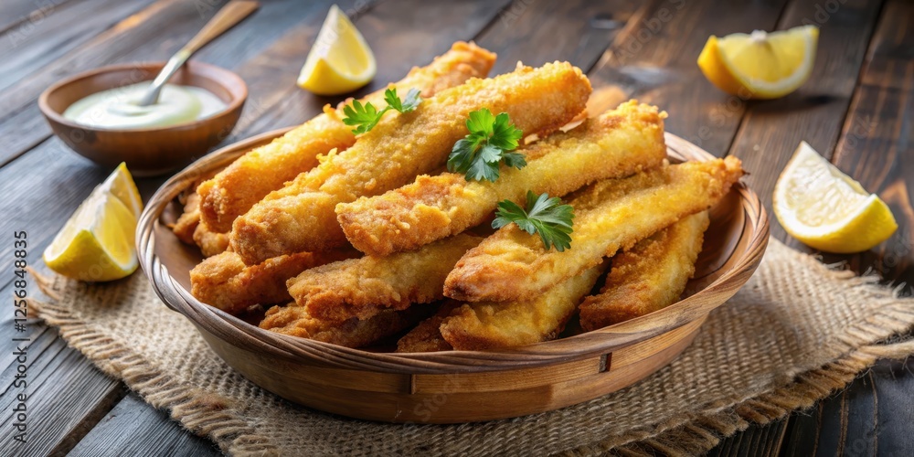 Crispy fish strips cooked in a golden brown batter, fresh and juicy on the inside with a crunchy exterior, making for a satisfying snack or meal option , seafood, golden batter Crispy fish strips cooked in a golden brown batter, fresh and juicy on the inside with a crunchy exterior, making for a satisfying snack or meal option , seafood, golden batter