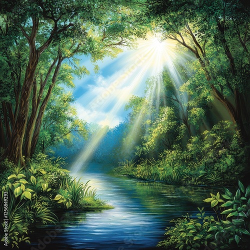 Serene Forest with Sunlight Rays and Tranquil River Scene