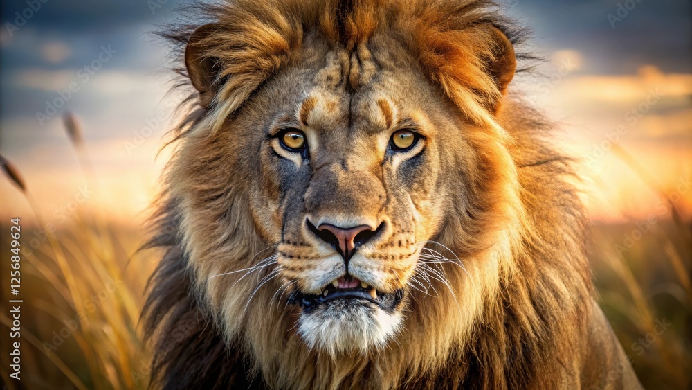 Fototapeta premium A fierce lion's face with sharp teeth and eyes that seem to bore into the distance, revealing a fierce and untamed energy , fierce creature, savannah landscape