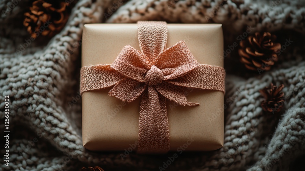 Top View of Elegantly Wrapped Gift Box with Ribbon and Natural Lighting Top View of Elegantly Wrapped Gift Box with Ribbon and Natural Lighting