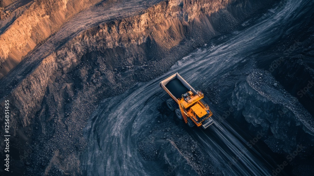 Coal Mining Industry: Aerial View of a Powerful Mining Truck Coal Mining Industry: Aerial View of a Powerful Mining Truck