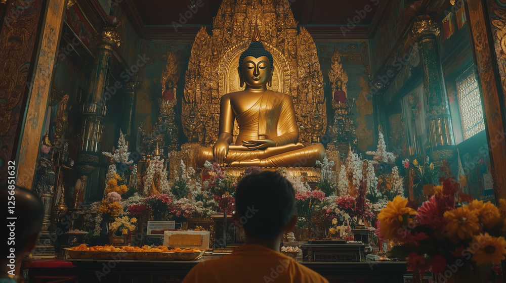 Fototapeta premium Inside view of Buddhist temple in Myanmar during Maha Thingyan, devotees praying in front of big Buddha statue with flower decoration and offerings, Ai generated images
