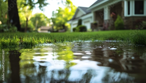 A Close-Up View of Standing Water in a Residential Yard After a Recent Rainstorm, Reflecting Surrounding Greenery and Homes