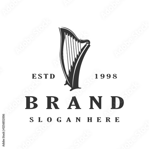 harp musical instrument, vintage logo design vector template illustration