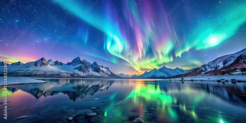 Naklejka premium Vibrant aurora borealis dancing across a serene winter sky with snow-covered mountains and frozen lakes , aurora, stars