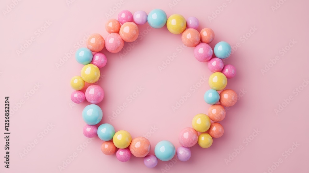 Obraz premium Vibrant Circle of Pastel Candies on a Pink Background