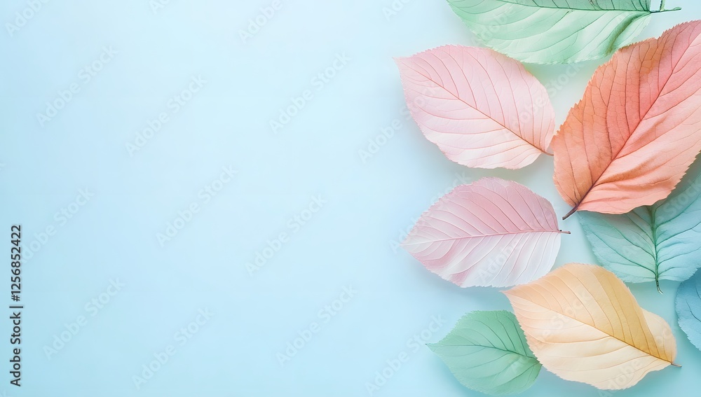 Obraz premium Pastel Hues of Autumn Leaves Graceful Arrangement Against a Delicate Light Blue Background