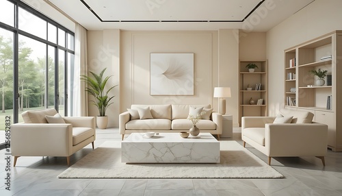 Elegant Beige Living Room Interior Design with Modern Sofa, Marble Coffee Table, and Bookcases