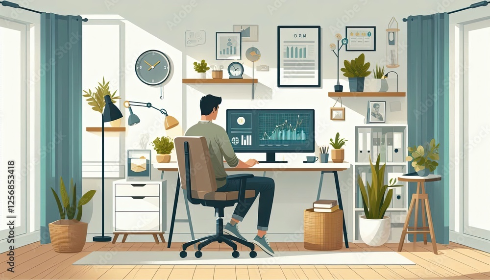 Fototapeta premium Data analysis session home office digital workspace modern environment rear view productivity