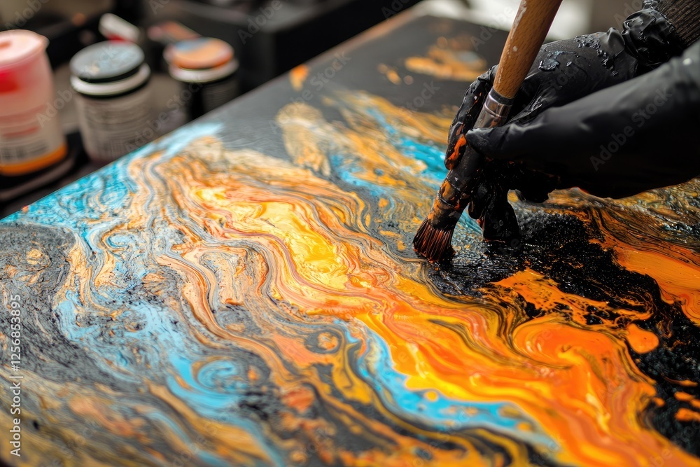 Fototapeta premium Artist Creates Abstract Fluid Painting With Brush