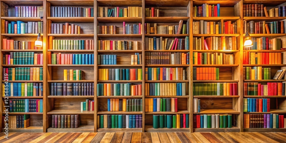 Cozy library atmosphere with colorful books and wooden shelves , book lover, old books Cozy library atmosphere with colorful books and wooden shelves , book lover, old books