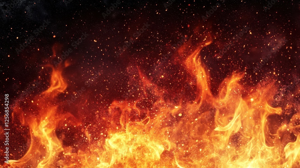Fiery inferno, sparks and embers against a dark background. Perfect for designs needing intense heat, energy, or destruction themes. Fiery inferno, sparks and embers against a dark background. Perfect for designs needing intense heat, energy, or destruction themes.