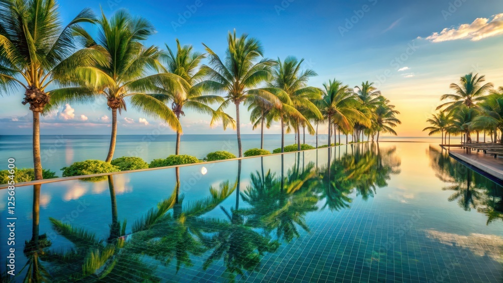 Palm tree-lined infinity pool at luxury resort surrounded by serene ocean views and lush greenery in HD quality, vacation spot , luxury Palm tree-lined infinity pool at luxury resort surrounded by serene ocean views and lush greenery in HD quality, vacation spot , luxury