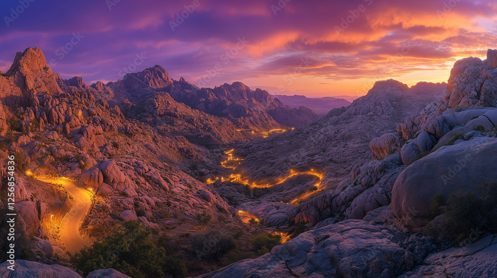 Obraz premium Panorama of Al-Hada Mountains at sunset, street lights twinkling along the winding path between the rocky hills, Ai generated images