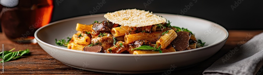 A delicious plate of rigatoni pasta topped with cheese, herbs, and meat, served in a stylish bowl on a wooden table. A delicious plate of rigatoni pasta topped with cheese, herbs, and meat, served in a stylish bowl on a wooden table.