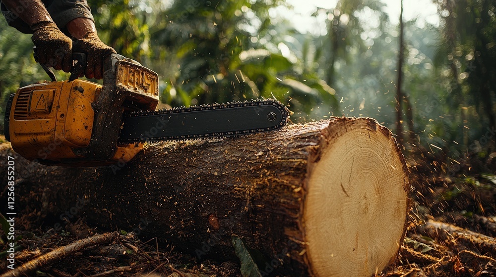 Chainsaw Cutting Through Log in Lush Green Forest Chainsaw Cutting Through Log in Lush Green Forest