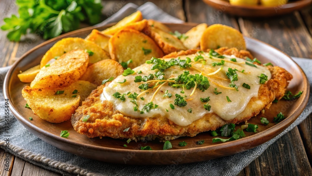 Close-up of a delicious plate of parmesan chicken and crispy potato chips, golden brown and juicy with melted cheese and crunchy texture , golden brown, close-up Close-up of a delicious plate of parmesan chicken and crispy potato chips, golden brown and juicy with melted cheese and crunchy texture , golden brown, close-up